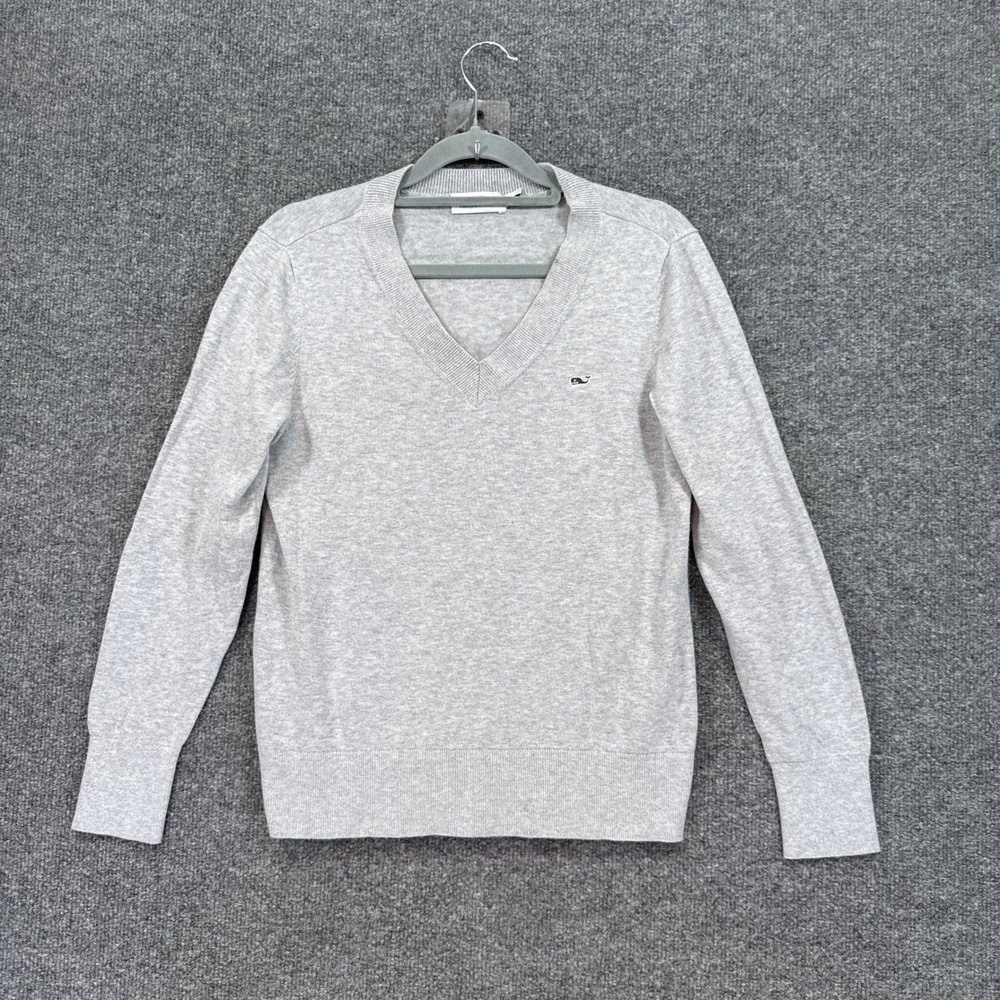 Vineyard Vines Sweater Womens XS Gray Vneck Cotton Whale Logo Pullover Preppy